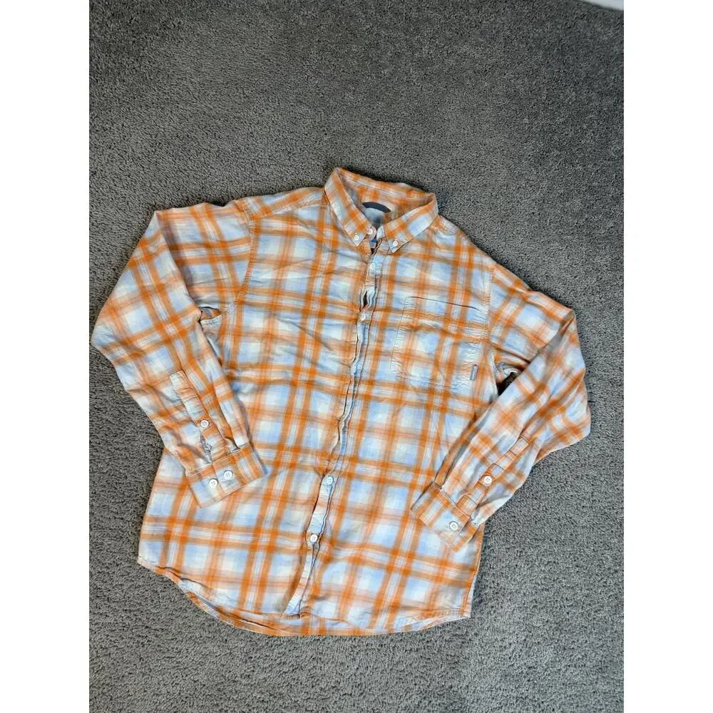 Columbia Shirt Mens M Orange Long Sleeve Button Up Plaid Lightweight Breathable